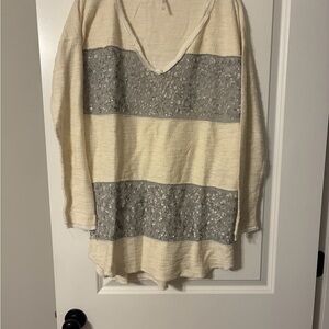 Free People Cream and Gray Striped V-Neck Pullover